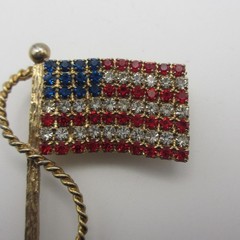 Vintage Flag Brooch Earrings Married Set USA Rhinestones Post