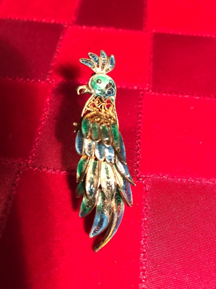ANTIQUE CHINESE SILVER ENAMEL COCKATOO PARROT PIN 800 SILVER CHINA