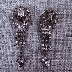 Vintage Silver Tone Clear Rhinestone Dangle Drop Clip On Statement Earrings