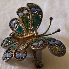 Antique 800 Silver German Ornate Filigree Multi Color Green Enamel Butterfly Pin