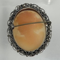 Victorian Antique Silver Tone Filigree Cameo Pink White Lady Carved Shell Brooch