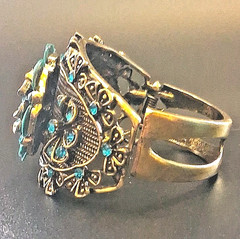 Victorian Style Filigree Cuff Bracelet Wide Blue Rhinestone Faux Turquoise