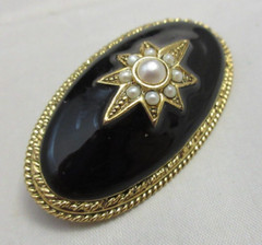 Vintage 1928 Brand Faux Seed Pearl Domed Oval Black Enamel Brooch Pin Gold Tone