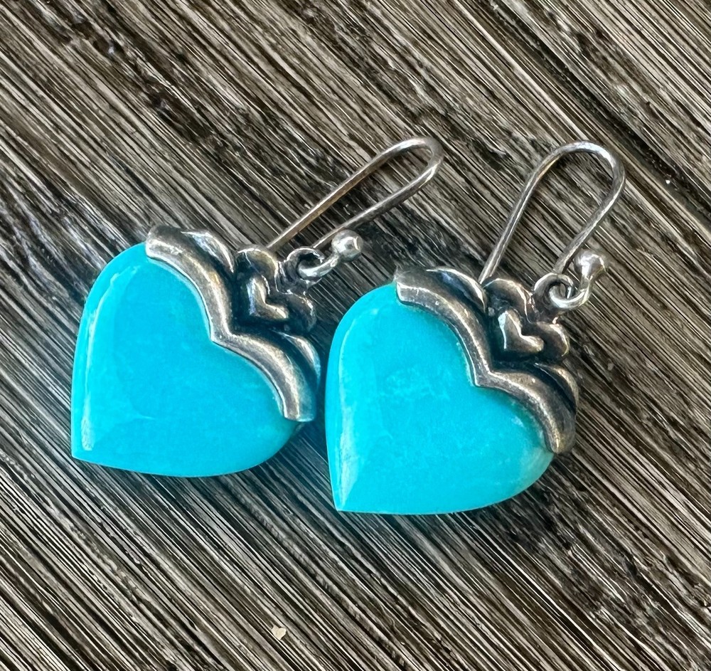 Heart Dangle Earrings Blue Stone Inlay Thailand Vintage Sterling Silver 925 #9