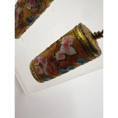 Vintage Cloisonne Style Floral Barrel Dangle Earrings Gold Tone Boho Chic