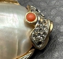 Coro Mother of Pearl Shell Jelly Belly Fish Brooch Faux Coral Rhinestone READ