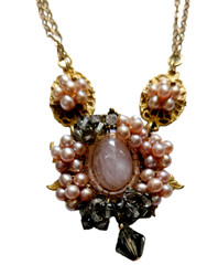 Vintage Genuine Pink Pearls, Crystal & Rose Quartz Wired Filigree Necklace~16″
