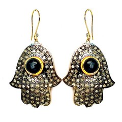 Gorgeous 1.87ct Rose Cut Diamond Sapphire Silver Victorian Hamsa Earring Jewelry