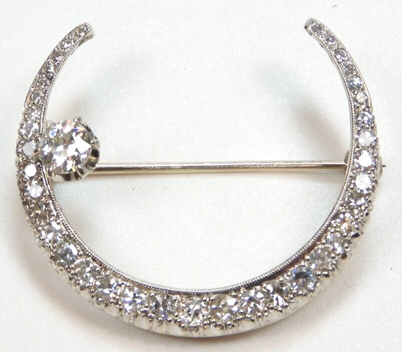 Antique 1920’s European Diamond Crescent Pin Brooch 13K White Gold EGL 1.33X1.2″