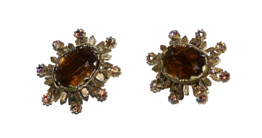 Vintage Coro Amber Rhinestone Aurora Borealis Accents Clip Hinge Earrings