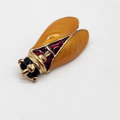 Vintage Signed Enamel Cicada Brooch Gold Tone Amber Burgundy Figural Insect Pin