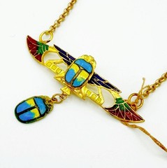 Antique Art Deco French Egyptian Revival Enamel Scarab w/ Wings Necklace NOS