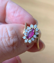 VINTAGE 14K YELLOW GOLD RED NAVETTE MARQUISE CUT GENUINE RUBY AND DIAMONDS RING