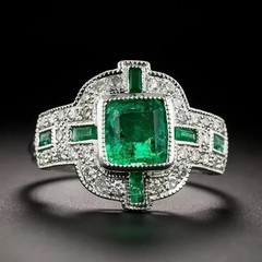 Art Deco Green Emerald & Lab Created Diamond Wedding 14K White Gold Finish Ring