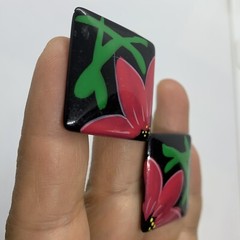 VTG 80s RESIN PINK FLOWER BLACK BIG SQUARE EARRINGS CLIP-ON STATEMENT