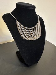 Vintage SAQ Signed Multi-Color Multi-Strand Fringe Bib Chain Necklace 17-20″.