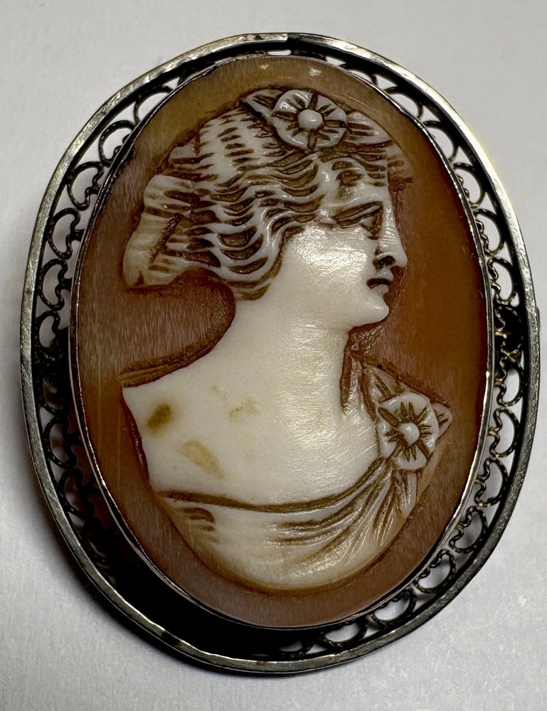 Vintage Cameo Carved Shell Portrait Of Lady Silver Filigree Brooch
