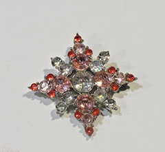 Vintage Pink, Clear & Red Rhinestone Brooch Snowflake Flower Star 1.75″ by 1.75″