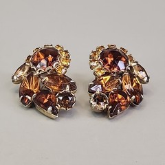 Vintage Rhinestone Clip On Earrings Climber Brown Glass Autumn Fall 1.25″
