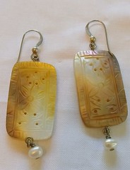 Vintage Mother of Pearl Rectangle Carved Flower Dangle Earrings w/ Pearl