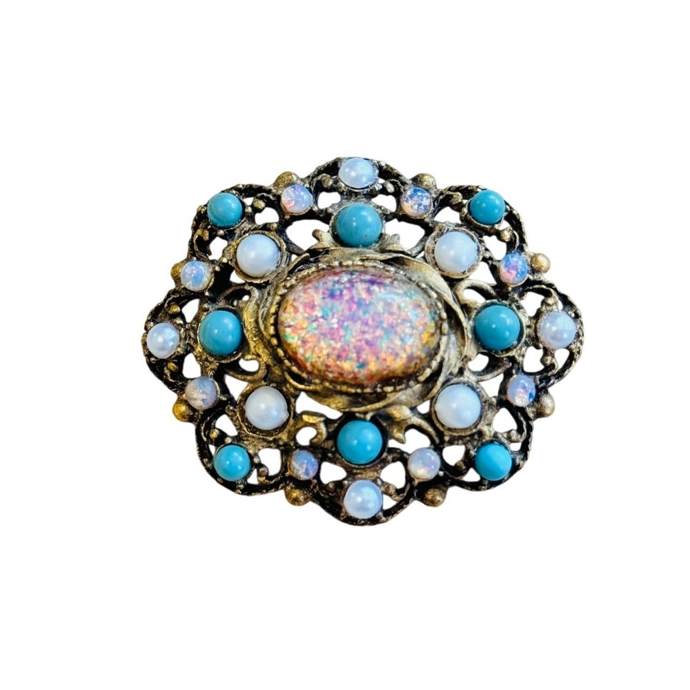 VTG Victorian Style Faux Fire Opal Opalite Brooch Pin Cabochon Pearl Gass Gilt