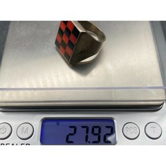 Vintage Coral Red and Black Checker Inlay Sterling Silver Ring Size 11.75