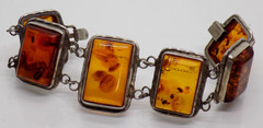 Cognac Baltic Amber Shell 925 Sterling Silver Bracelet 6.5″ Vintage