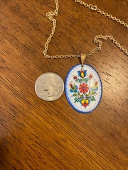 Folk Art Flower Necklace Colorful Enamel Pendant Red Yellow Blue Green 20″ Chain