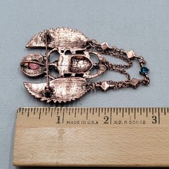 Egyptian Revival Scarab Brooch Copper tone Dangel Chains