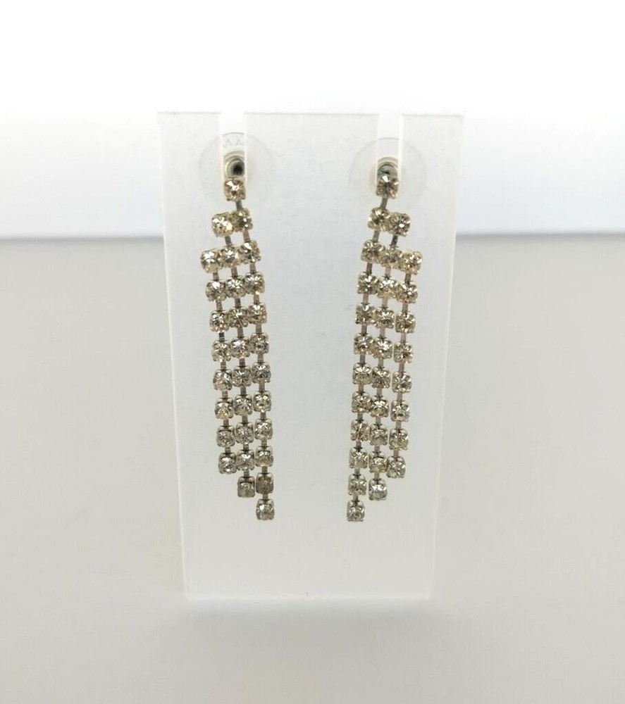 Vintage Earrings Silver Tone Clear Rhinestone Chandelier Dangle Drop Clip On