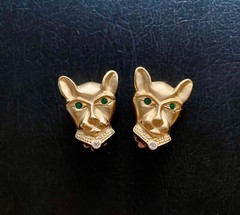 Vtg. Jackie Collins SET Panther Brooch & Clip On Earrings Clear & Green Eyes
