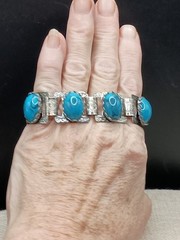 Vintage Silver Tone Etched Panel Bracelet Chunky Blue Faux Stone Statement 6.75”