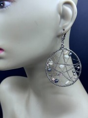 ESTATE SILVER TONE FAUX PEARL DREAM CATCHER LOOP HOOP WIRE DANGLE EARRINGS