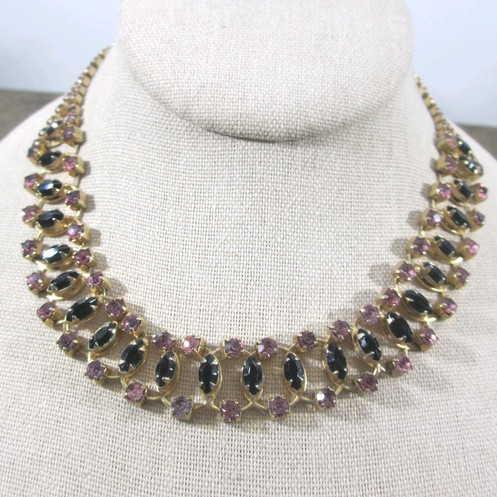 Vintage Rhinestone Necklace Purple Black Gold Tone Choker Collar 15 Inch