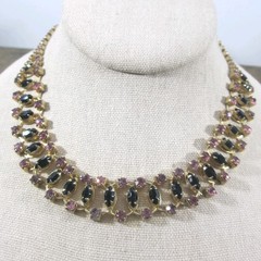 Vintage Rhinestone Necklace Purple Black Gold Tone Choker Collar 15 Inch