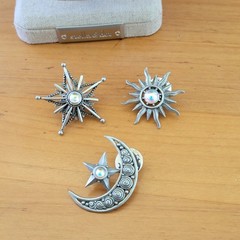 Vintage JJ Pewter Sun Moon Star Brooch Pin Lot 3pc Celestial Whimsigoth