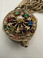Vintage Flower Basket Charm Bracelet Gold Tone Rhinestones Victorian Revival