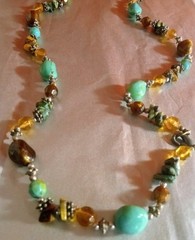 Vintage Boho Style Beaded Necklace Amber, Turquoise,Brown Colored Beads 29in