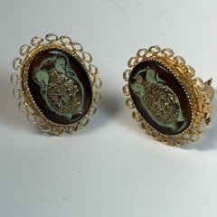 Lewis Segal Earrings Clip On Gold Tone Glass Grecian Urn Vase Cameo 1960s