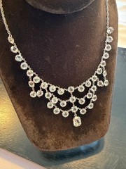Vtg Open Back Crystal Clear Festoon Necklace Bezel Tier Tiered Set Drop 15.5”