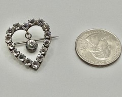 Antique Victorian Clear Paste Stones Heart Silver Brooch & Paste Dangle Center
