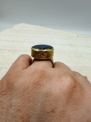 Vintage Artisan Lapis Lazuli Cabochon Brass Tone Adjustable Ring Sz 8.5