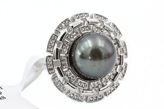 Contemporary Signed JTV Sterling Silver Tahitian Pearl White Topaz Ring Sz 7