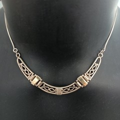 Ethnic Revival Sterling Silver Bib Necklace Israeli Artisan Gold Accent Scroll