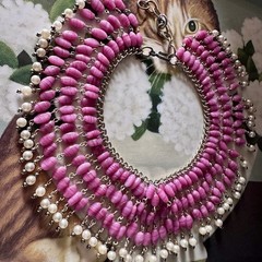 Vintage Pink Art Glass Faux Pearl Fringe Bib Statement Necklace Dramatic Runway
