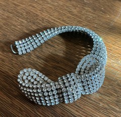 Set Of 2 Woman’s Vintage Wide 6 Row Silver Metal Rhinestone Bracelets With Bow