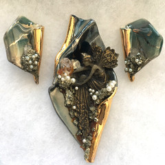 Vintage Ceramic Goddess Earrings Brooch Set
