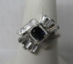 ANTIQUE 14K SOLID WHITE GOLD .76 CT. SAPPHIRE & BAGUETTE NATURAL DIAMOND RING