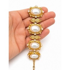 Vintage Monet Gold Tone Faux Pearl Bracelet Signed Statement 7-10″ Adjustable