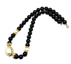Vintage AVON Faux Pearl Pendant Necklace Black Beads Rhinestones Gold Tone 16″